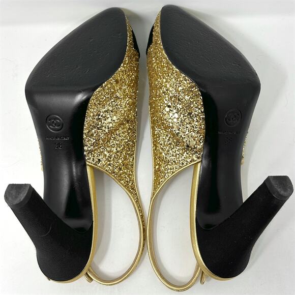 Chanel 2021 Slingback Gold Glitter Platform Cap Toe Pumps – Size 38 - Picture 9 of 10